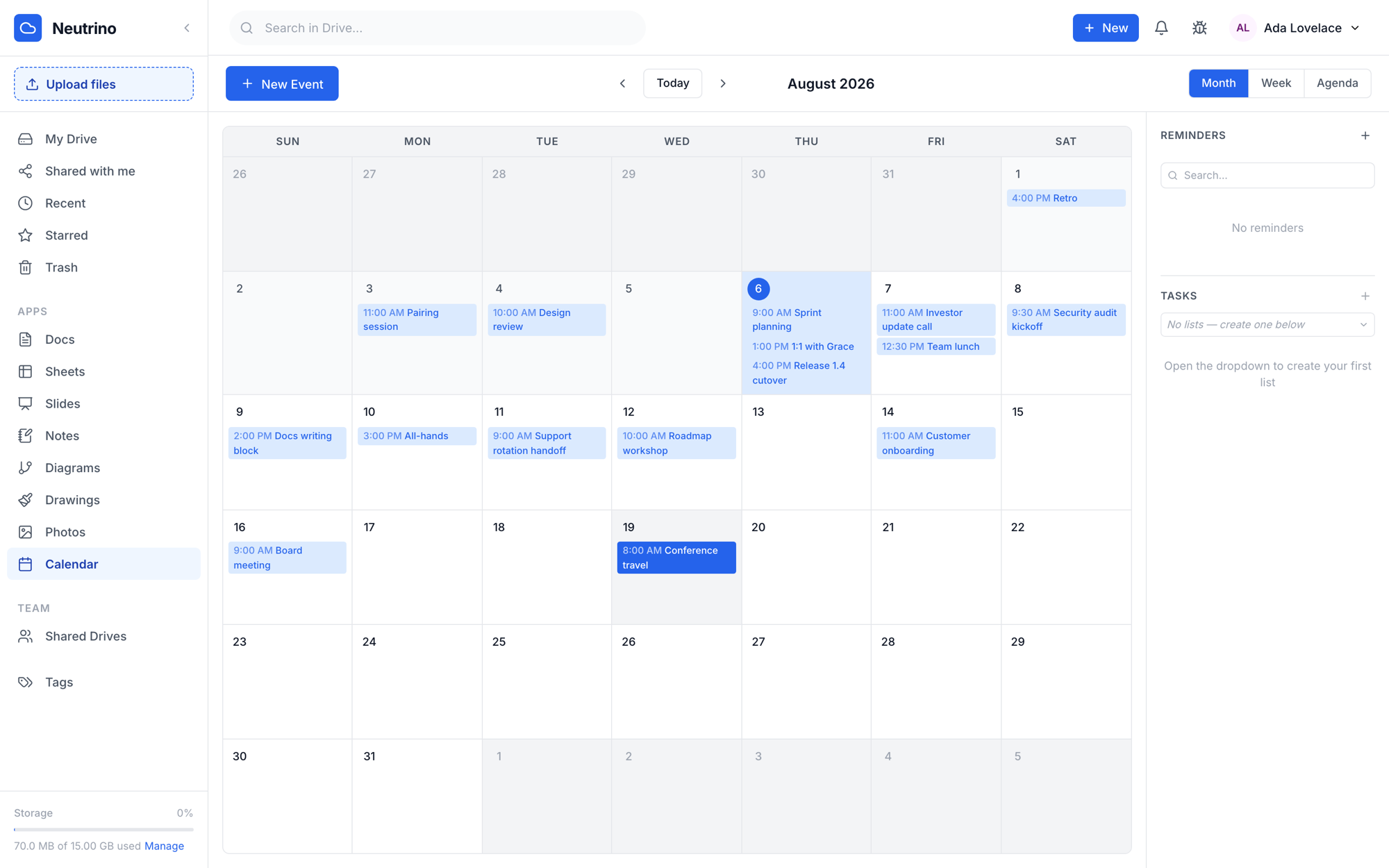 The Neutrino Calendar showing a month view with events and a reminders sidebar