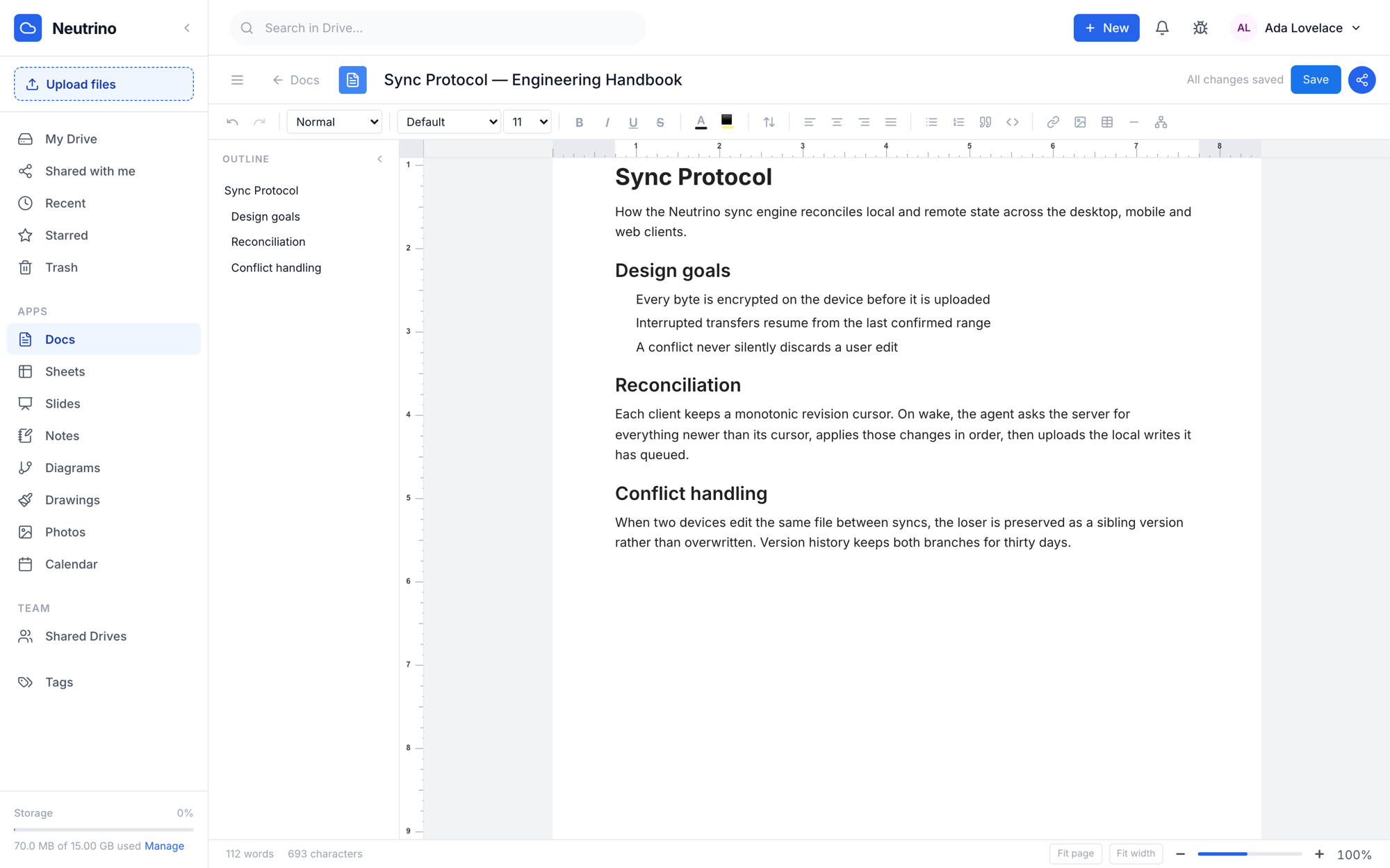 The Neutrino Docs editor showing a formatted document with an outline sidebar