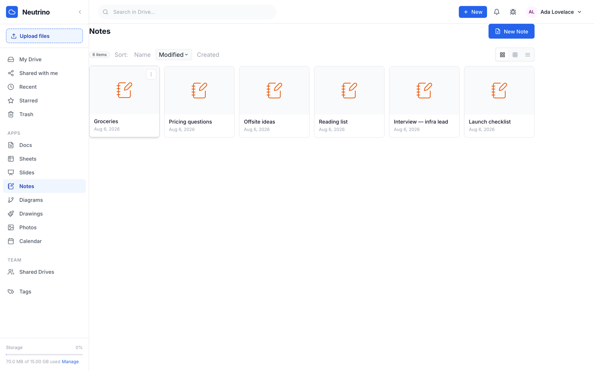 The Neutrino Notes library showing a grid of notes