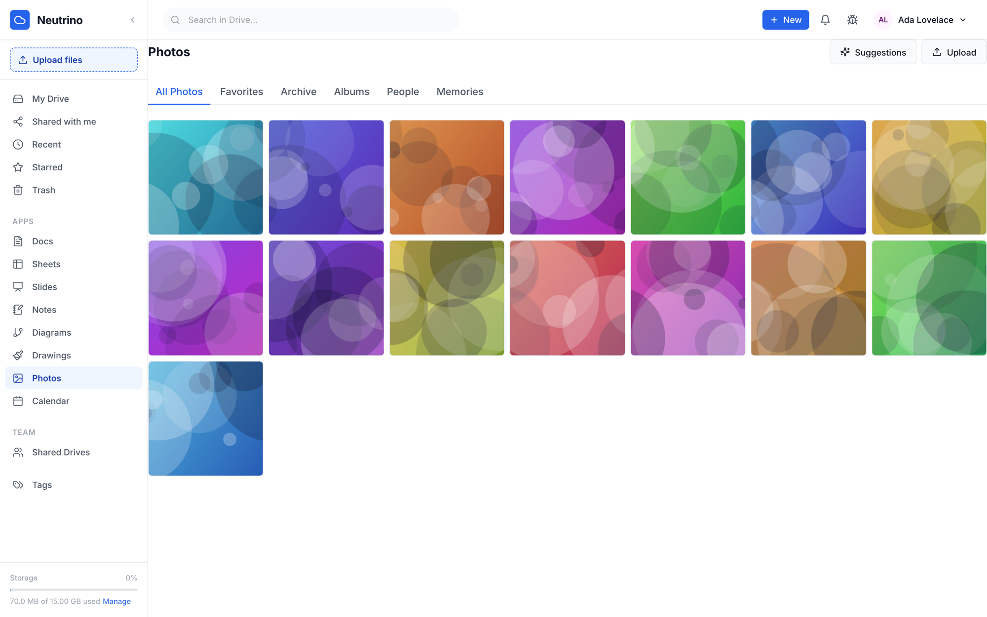 The Neutrino Photos library showing a grid of photographs