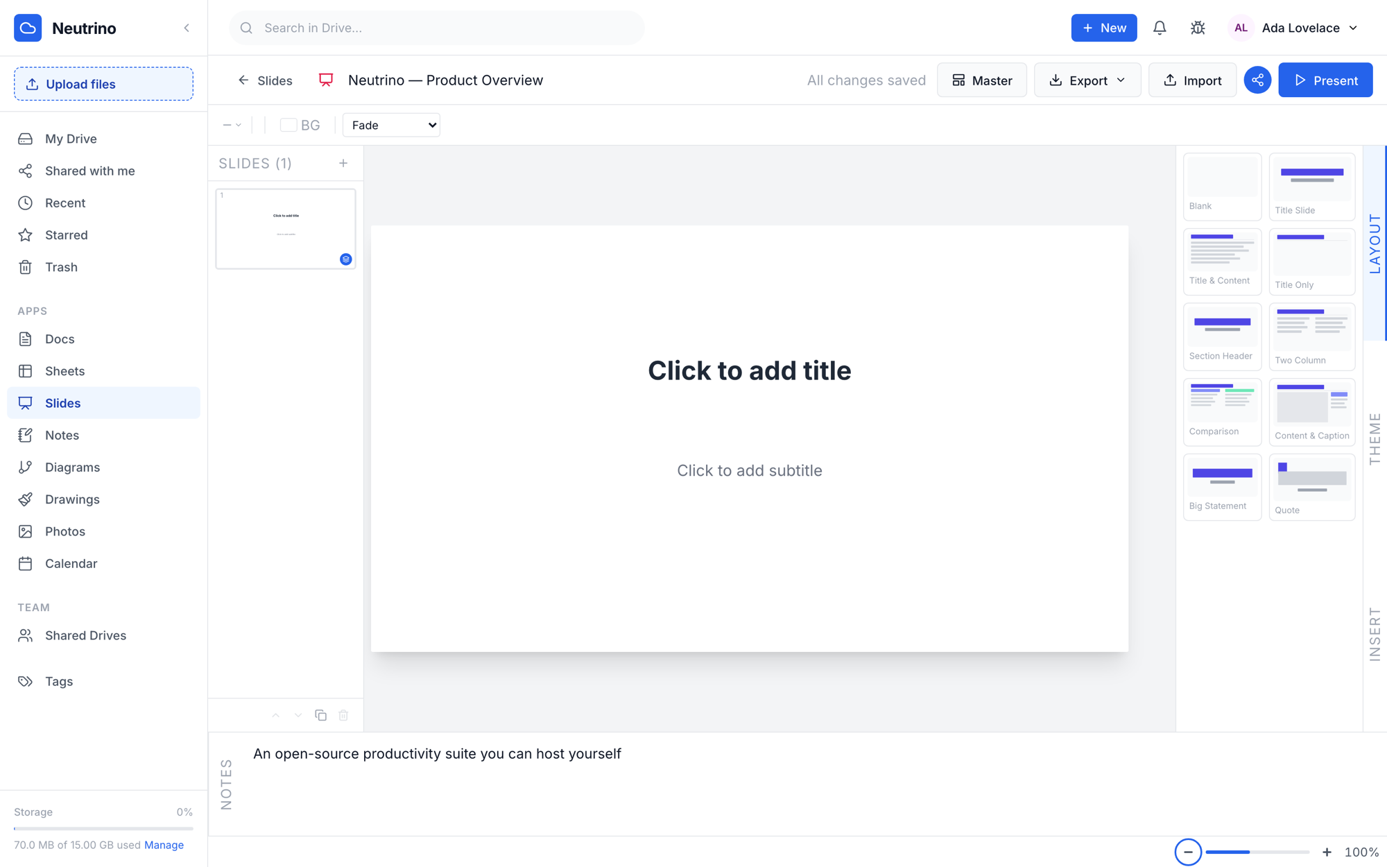 The Neutrino Slides editor showing a title slide and the layout picker